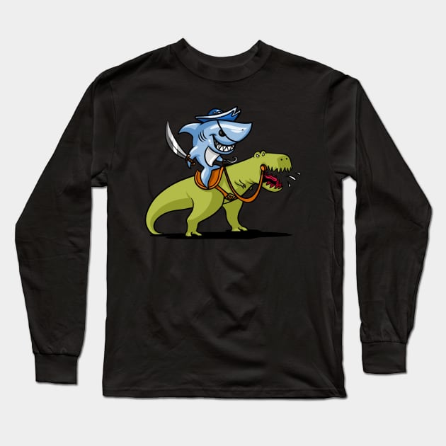 Shark Pirate Riding A T-Rex Dinosaur Long Sleeve T-Shirt by underheaven